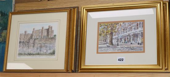 Bill Kingston, two watercolours, Winter landscapes, signed, 8 x 9cm, and eight assorted prints of views of